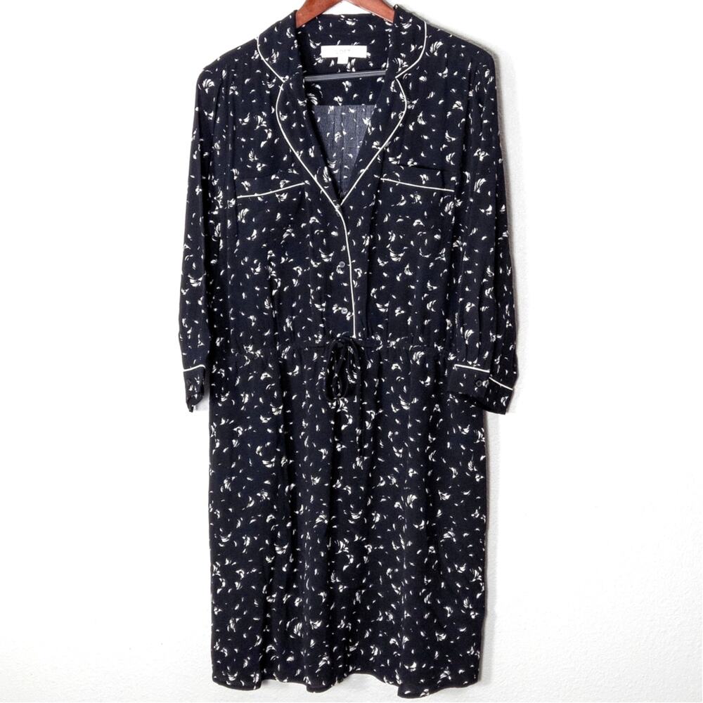Ann Taylor LOFT Black Print Shirt Dress Size L Pajama Chic Button Front